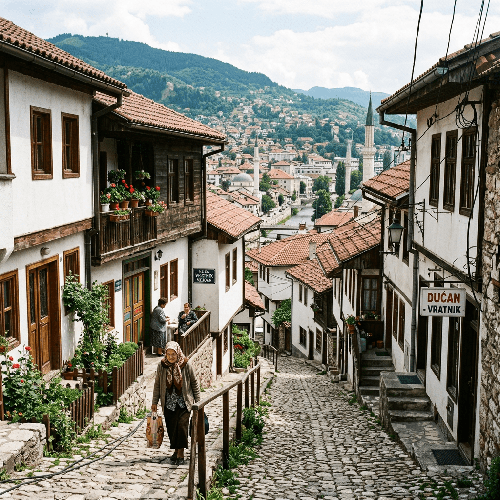 Cobblestone street with traditional houses and minarets in Sarajevo