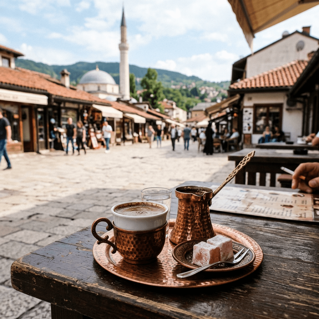 Copper tray with cup of coffee, cezve, Turkish delight, and small glass of water on wooden table outdoors in historic street café