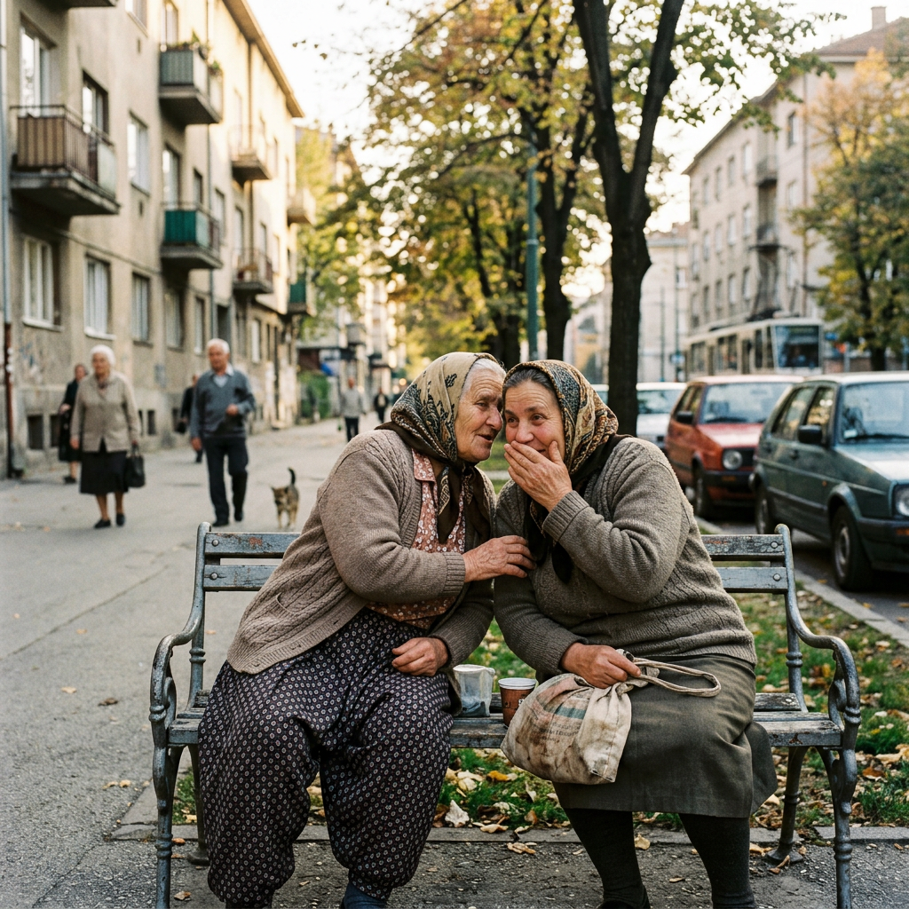 Two elderly women wearing headscarves sitting on a park bench whispering to each other