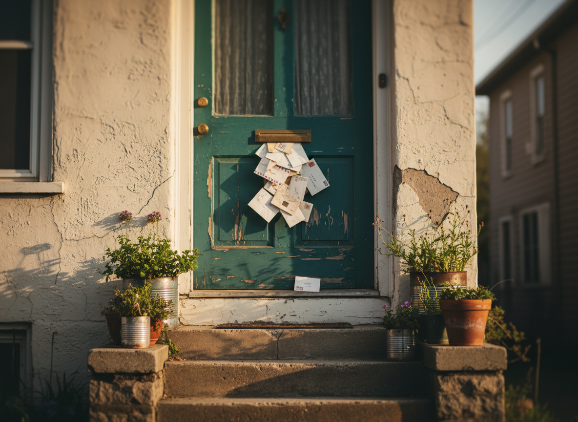 A weathered wooden front door painted a deep, peeling teal stands at the center of an old neighborhood house, its brass mail slot overflowing with mismatched envelopes and handwritten letters. The door is framed by cracked stucco walls and uneven stone steps, with potted plants in dented metal cans lining the entryway. Late afternoon sunlight slants across the scene, casting long, soft shadows and highlighting textures in the chipped paint and rough concrete. Photographed at eye level with a shallow depth of field, the background façades blur into a gentle bokeh of muted browns and grays. The mood is intimate and contemplative, conveying the sense that every mailbox and doorway here holds a hidden personal story, rendered in quiet photographic realism.