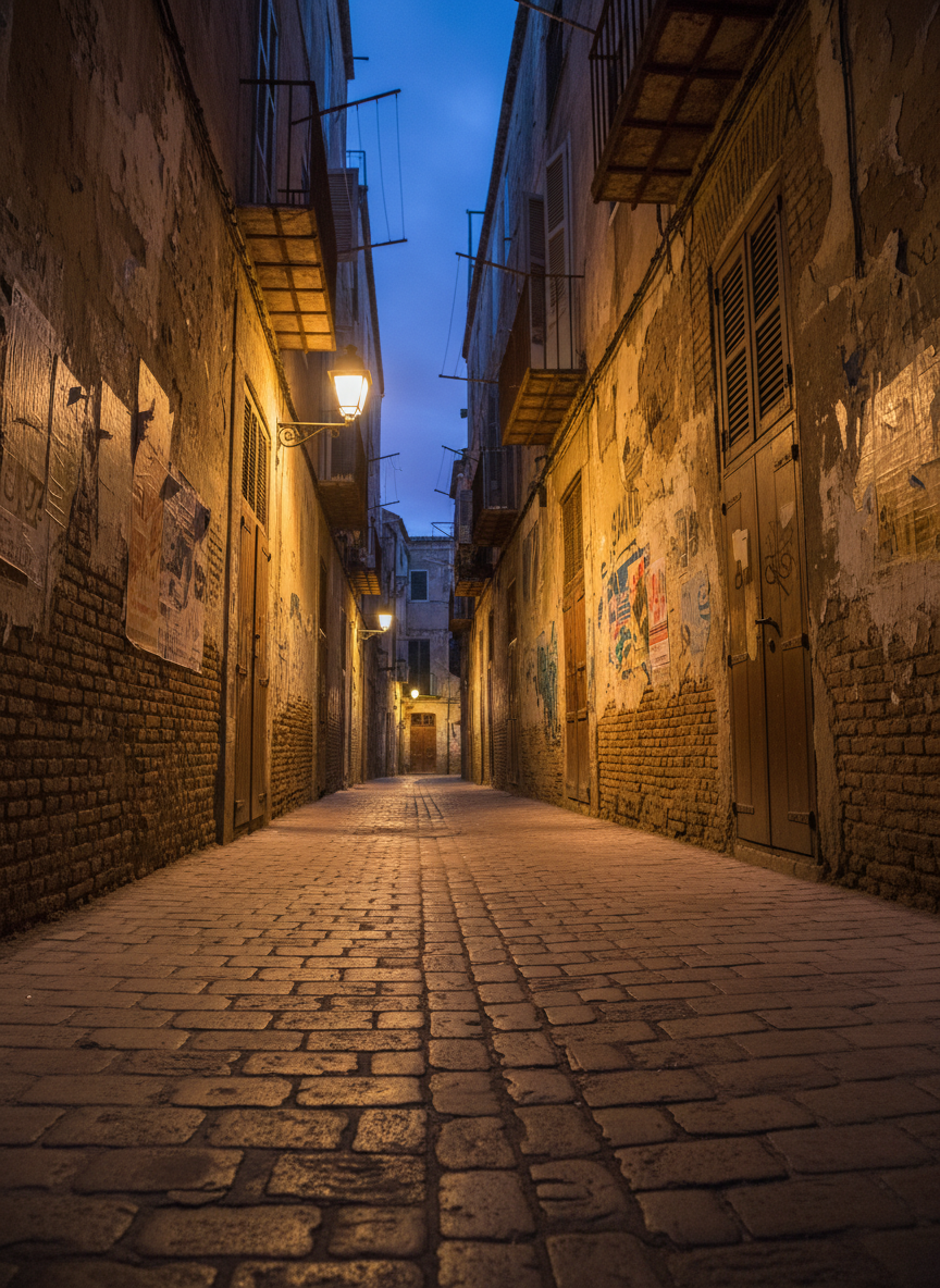 A narrow neighborhood alleyway paved with uneven cobblestones stretches into the distance, its walls patched with layers of faded posters, hand-painted signs, and graffiti in multiple languages. Rusty metal balconies jut out overhead, hung with empty clotheslines and rattling shutters. A single streetlamp casts a warm, localized pool of light that contrasts with the cooler, bluish dusk sky above, creating deep, cinematic shadows along the walls. Shot from a low, slightly off-center angle using the rule of thirds, the composition draws the eye down the alley’s vanishing point. The atmosphere is introspective and slightly mysterious, hinting that behind each doorway lies a distinct voice and truth. The photographic style is realistic yet artfully composed, with sharp foreground details and a gradually softening background.
