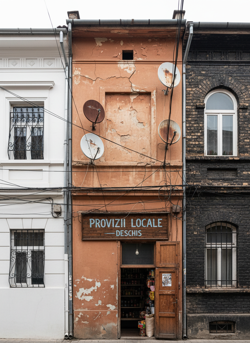 A cluster of contrasting building façades stands shoulder to shoulder on a neighborhood street: one freshly painted in crisp white, another shaded terracotta with flaking plaster, and a third faced in exposed brick darkened by years of dust and rain. Satellite dishes, tangled cables, and handmade window grilles add layers of texture. A small corner shop with a hand-lettered sign anchors the ground level, shutters half-open to reveal shelves of goods in soft blur. Overcast daylight provides even, diffused illumination, emphasizing color contrasts and subtle surface details without harsh shadows. Photographed straight-on with sharp focus throughout, the composition is balanced yet slightly asymmetrical, suggesting a patchwork of lives stitched together. The mood is observant and documentary, capturing the material truth of the mahala in authentic photographic realism.