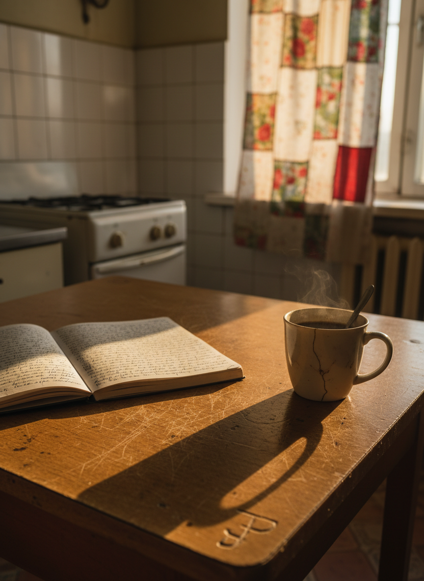 A worn wooden kitchen table sits in a modest apartment interior, its surface etched with knife marks, circular stains from old tea glasses, and a faint carved initial in one corner. On the table rests a single open notebook filled with dense handwriting, beside a chipped ceramic mug with dark coffee cooling inside. The background reveals aging tiled walls, a small gas stove, and a curtain made from repurposed fabric, all softly out of focus. Golden hour sunlight filters through a narrow window, washing the scene in gentle warmth and creating long, quiet shadows. Captured from a slightly elevated angle with a shallow depth of field, the image feels intimate and honest, a visual metaphor for one voice telling the story of an entire neighborhood, in clear, photographic realism.